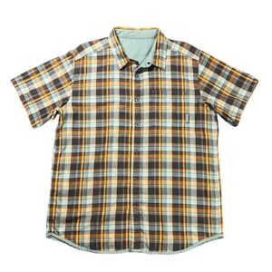 Mountain Hardwear Men's XL Reversible Plaid Snap Short Sleeve Shirt Orange Teal